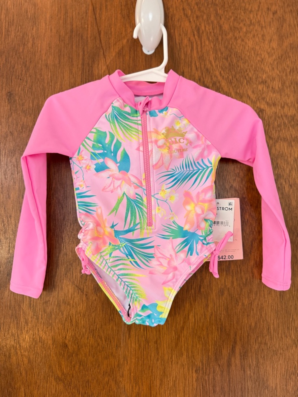 Juicy Couture Pink Floral Long-Sleeve Rashguard One-Piece